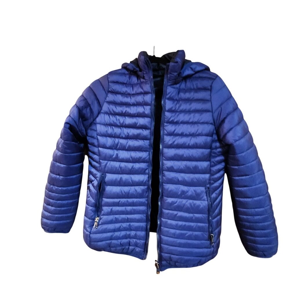 Reversible Blue Leopard Print Puffer Jacket W/ Hood S Roosevelt American College